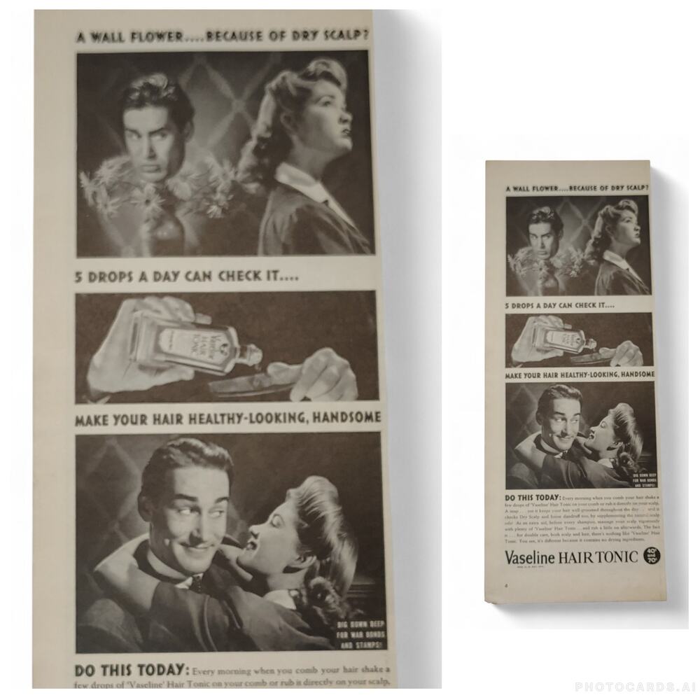 1943 Vaseline Hair Tonic Print Ad Wallflower Dry Scalp Pic Series 1940s Ephemera